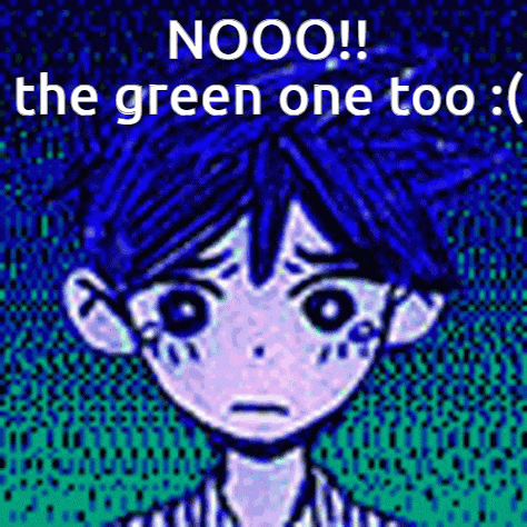 a cartoon of a boy with blue hair and the words `` nooo ! the green one too ! ''