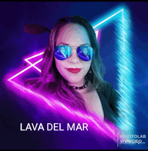 a woman wearing sunglasses with the name lava del mar written on the bottom