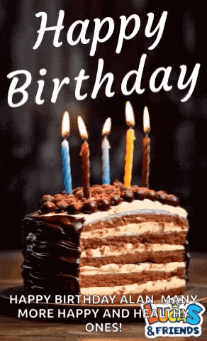 a birthday cake with candles on it and the words " happy birthday alan many more happy and healthy ones "