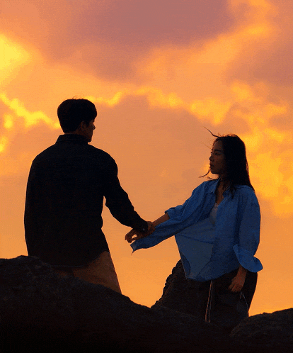 a man and a woman holding hands in front of a sunset sky