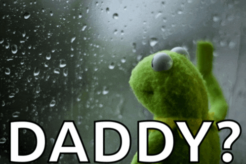 a kermit the frog looking out a window with the words daddy written below him