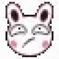 a pixel art drawing of a rabbit 's face with a sad expression .