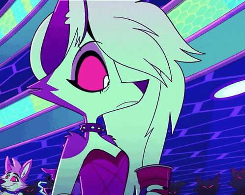a close up of a cartoon character with a purple outfit