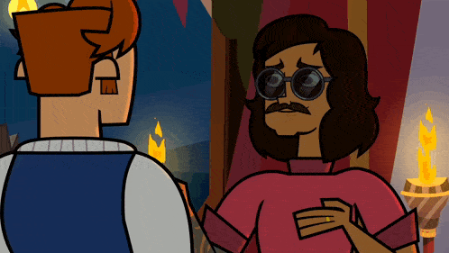 a cartoon man with glasses and a mustache is standing next to another man