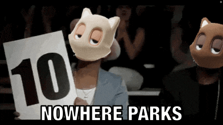 a woman in a cat mask is holding a sign that says nowhere parks