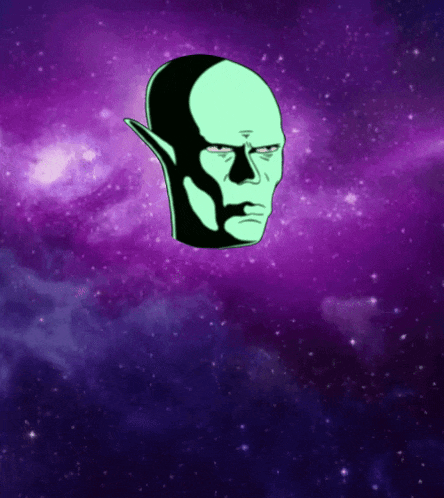 a green alien head is flying through a galaxy