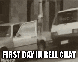 a black and white photo of a car and a van with the words `` first day in rell chat '' written on it .