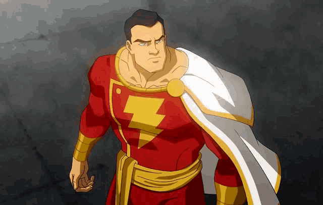 a cartoon drawing of a man in a red and gold superhero costume with a lightning bolt on his chest