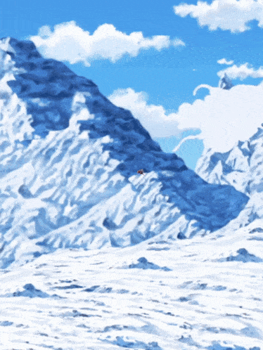 a snowy mountain landscape with a blue sky and white clouds