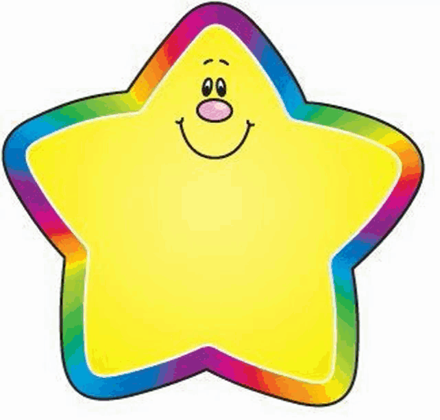 a yellow star with a rainbow border and a smiling face on it .