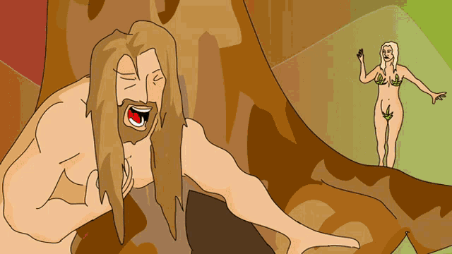 a cartoon drawing of a man with long hair and a woman without a shirt