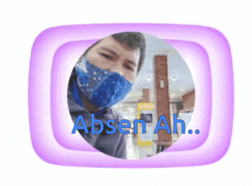 a picture of a man wearing a mask with the words absen ah written in blue
