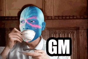 a man with a blue face is drinking from a cup with the word gm written below him