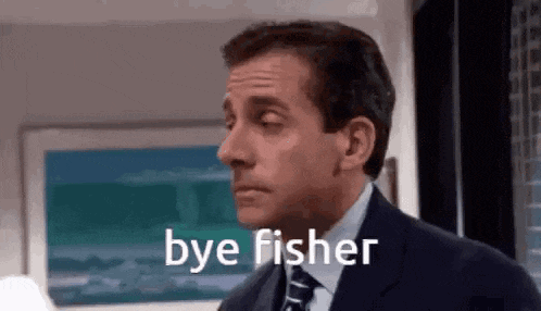 a man in a suit and tie is standing in front of a painting and says `` bye fisher '' .