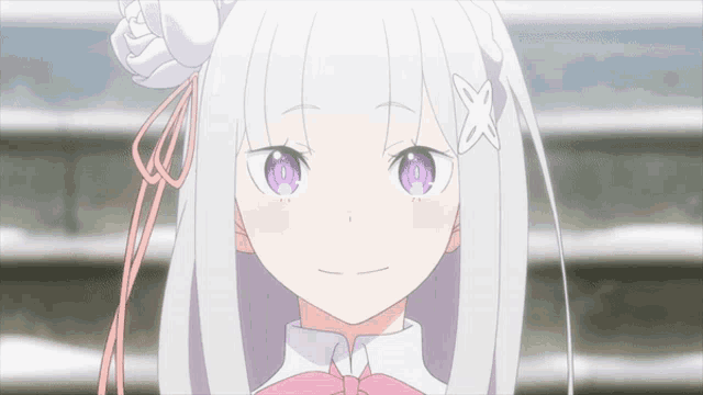 an anime girl with white hair and purple eyes