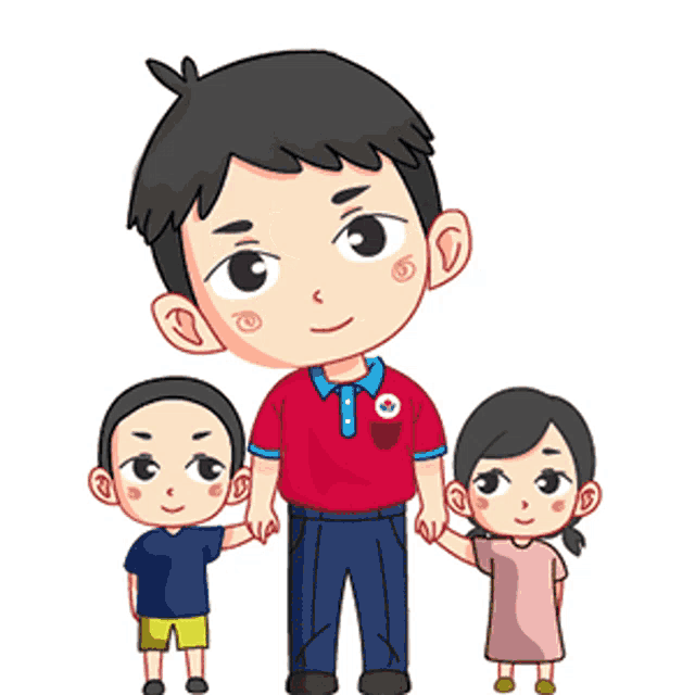 a man in a red shirt is holding hands with two children