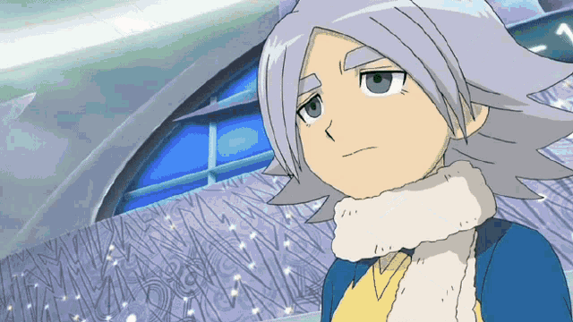 a cartoon character with white hair and a scarf