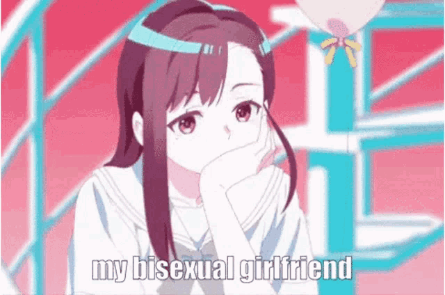 a bisexual anime girl is sitting down with her hand on her chin and says `` my bisexual girlfriend '' .