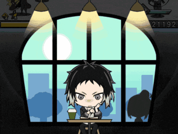 a cartoon character sits at a table with a cup of coffee in front of a window