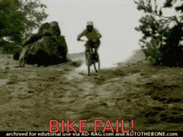 a man riding a bike on a dirt road with the words bike fail