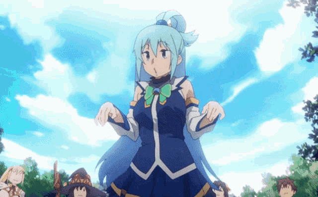 a girl with blue hair is standing in front of a group of anime characters