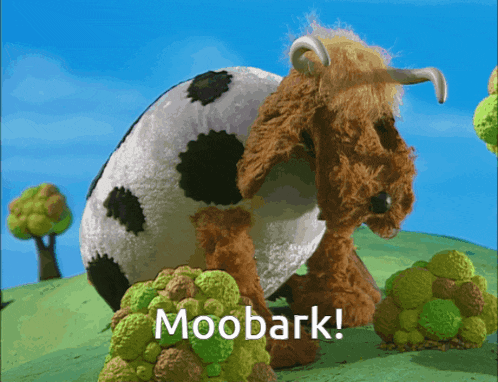 a stuffed cow says moobark in a cartoon scene