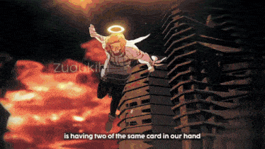 a cartoon of an angel with the words is having two of the same card in our hand underneath