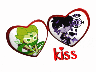 a couple of hearts with the word kiss in the middle