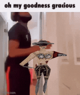a man is holding a 3d model of a man with a sword and the words oh my goodness gracious above him