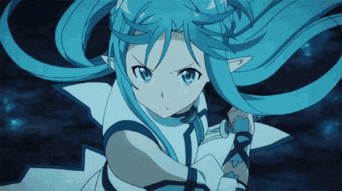 a girl with long blue hair is holding a sword in her hand