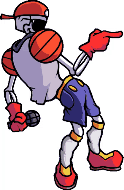 a cartoon of a skeleton wearing shorts and a hat pointing at something