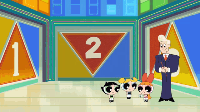 three cartoon characters standing in front of a triangle with the number two on it