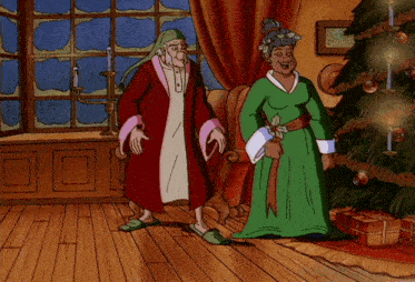 a cartoon of a man and woman standing in front of a christmas tree