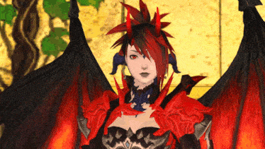 a woman with red hair and horns is wearing a black and red costume