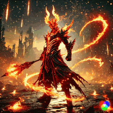 a painting of a demon with flames coming out of it