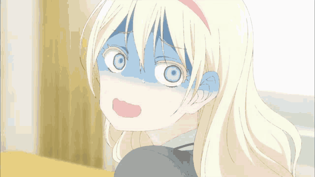 a girl with blonde hair and blue eyes is making a funny face