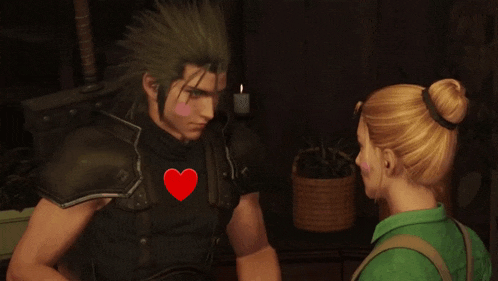 a man with a red heart on his chest is looking at a woman