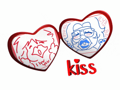 two hearts with drawings on them and the word kiss