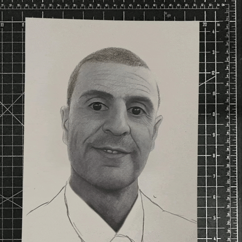 a black and white drawing of a man 's face with a ruler behind it