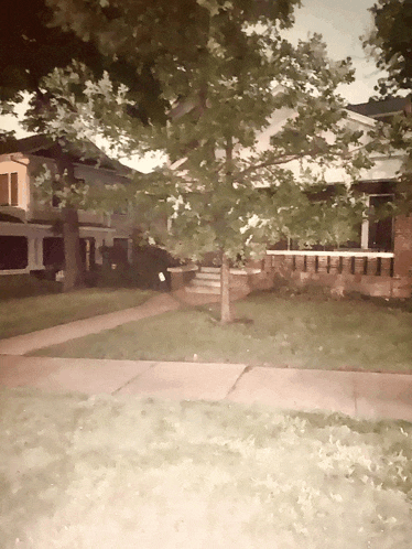 a house with a tree in front of it and a brick fence