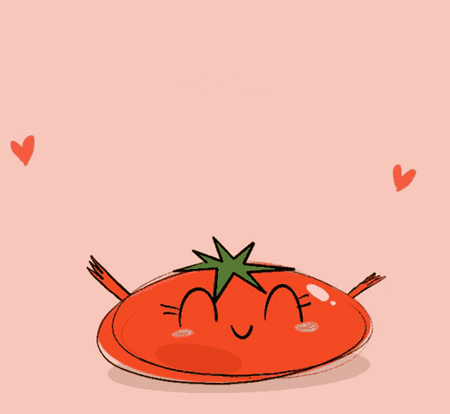 a cartoon drawing of a tomato with a face and hearts around it