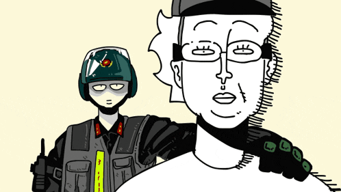 a black and white drawing of a man with glasses and a helmet
