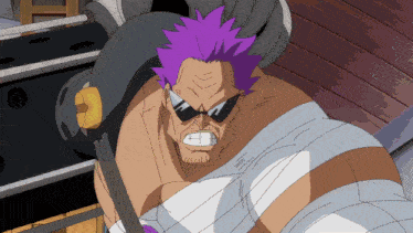 a cartoon character with purple hair and sunglasses