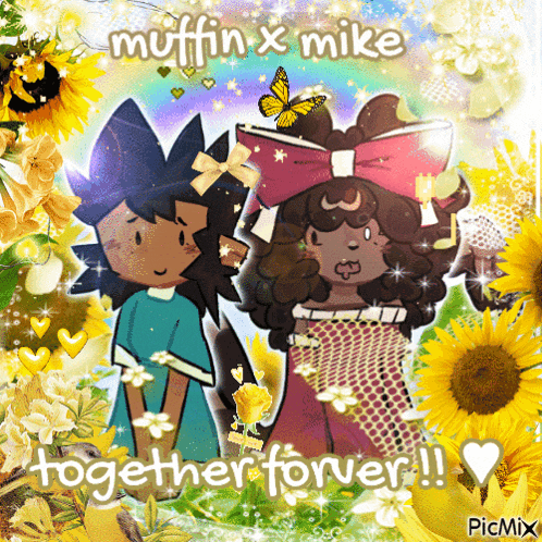 a couple of cartoon characters standing next to each other with the words together forever below them