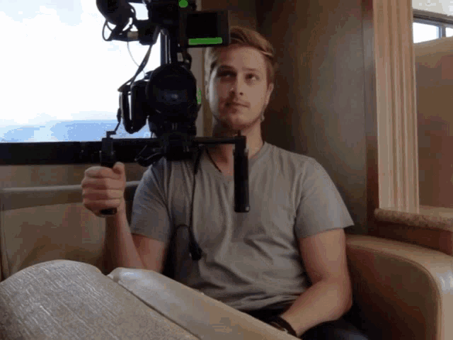 a man sitting in a chair with a camera on his head