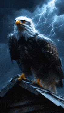 a bald eagle standing on top of a roof with lightning behind it
