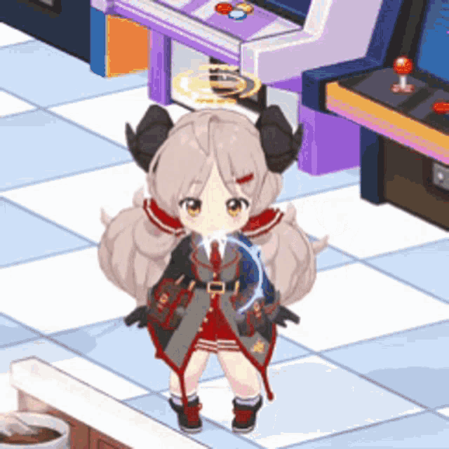 a little girl with horns and a halo on her head is standing in front of an arcade machine
