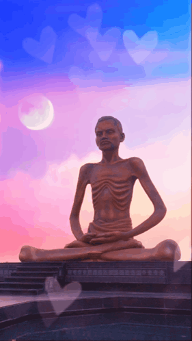 a statue of a man sitting in a lotus position with a crescent moon in the background