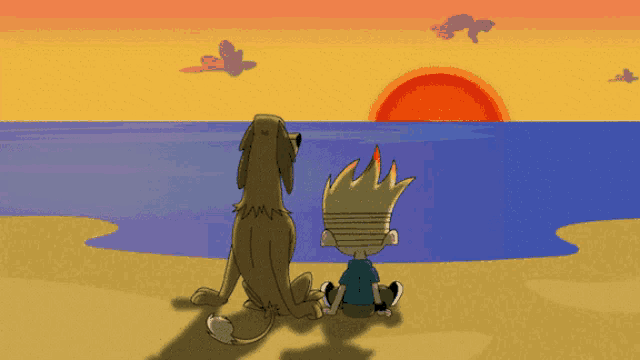 a cartoon of a boy and a dog looking at the ocean