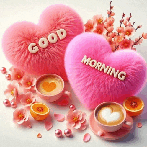 a pink heart shaped pillow with the words good morning written on it .